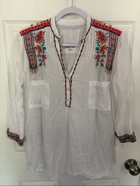 Johnny Was White Embroidered Linen Tunic with Pink & Teal Floral Accents